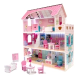 Houten poppenhuis 70 cm met LED-verlichting – roze, MDF, met meubels